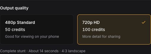 Choix de qualité Roadster AI avec 720p HD sélectionné pour 100 crédits